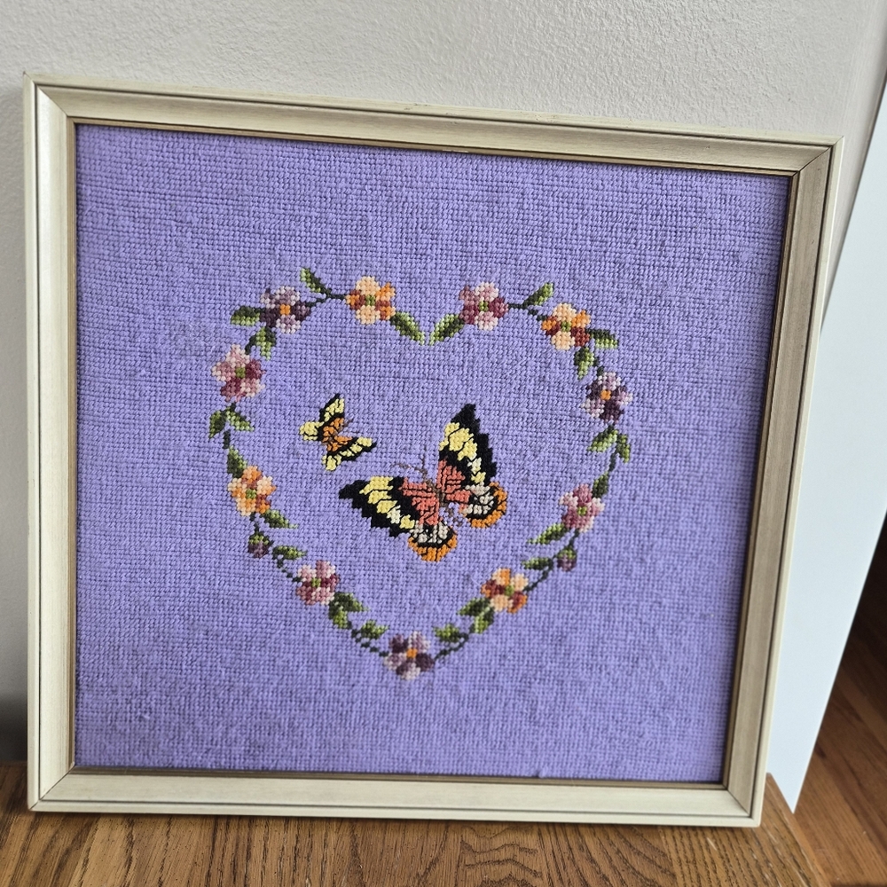 Vintage Butterfly Heart Needlepoint Cross Stitch Purple Art In Frame